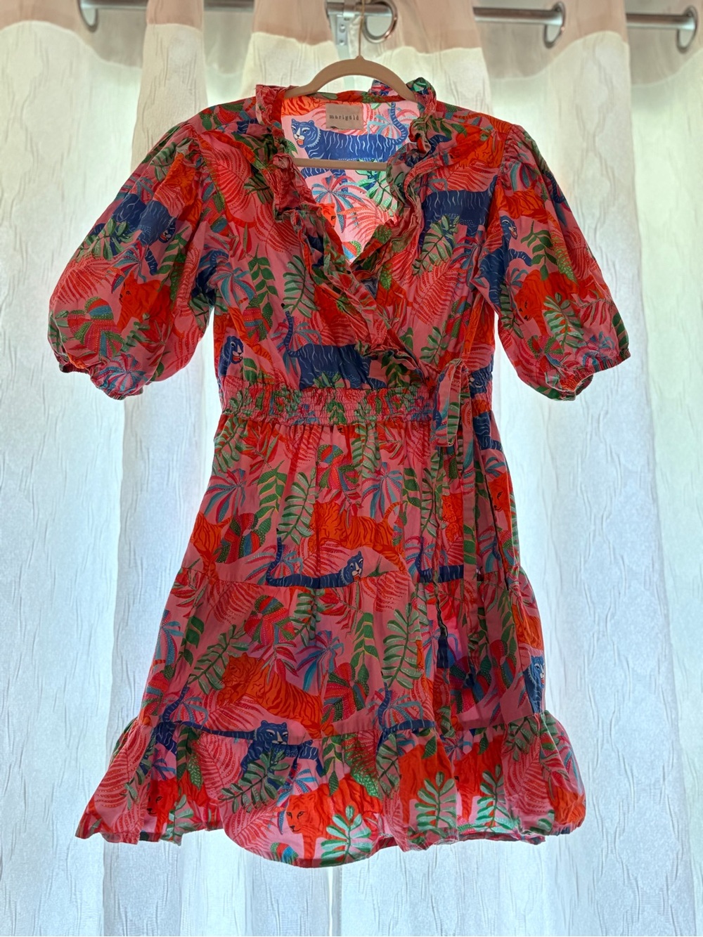 Tropical Print Wrap Midi Dress in Red & Blue